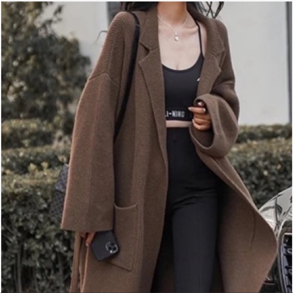 Chunky Below the knee Rib Belted With Pockets Black Cardigan Coat - Picture 4 of 14